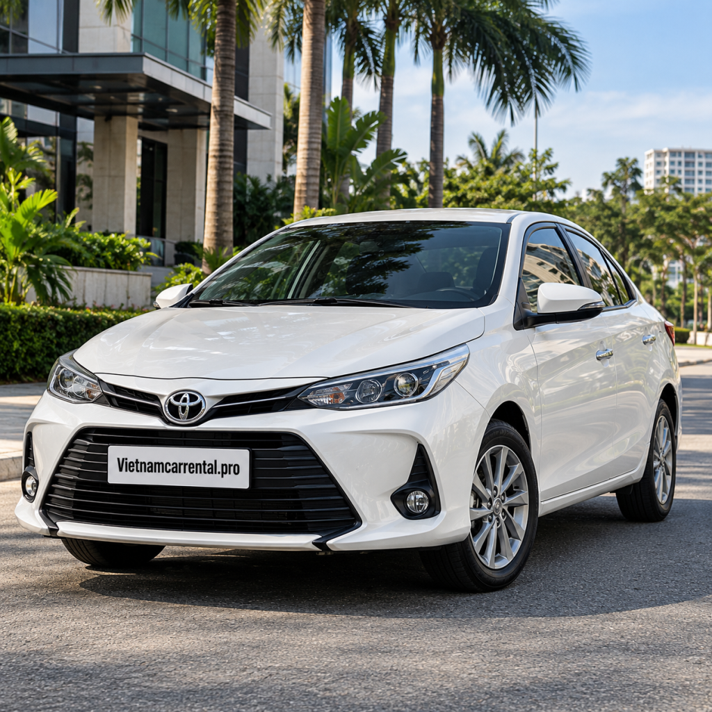 Toyota Vios trắng giữa phố nhiệt đới
