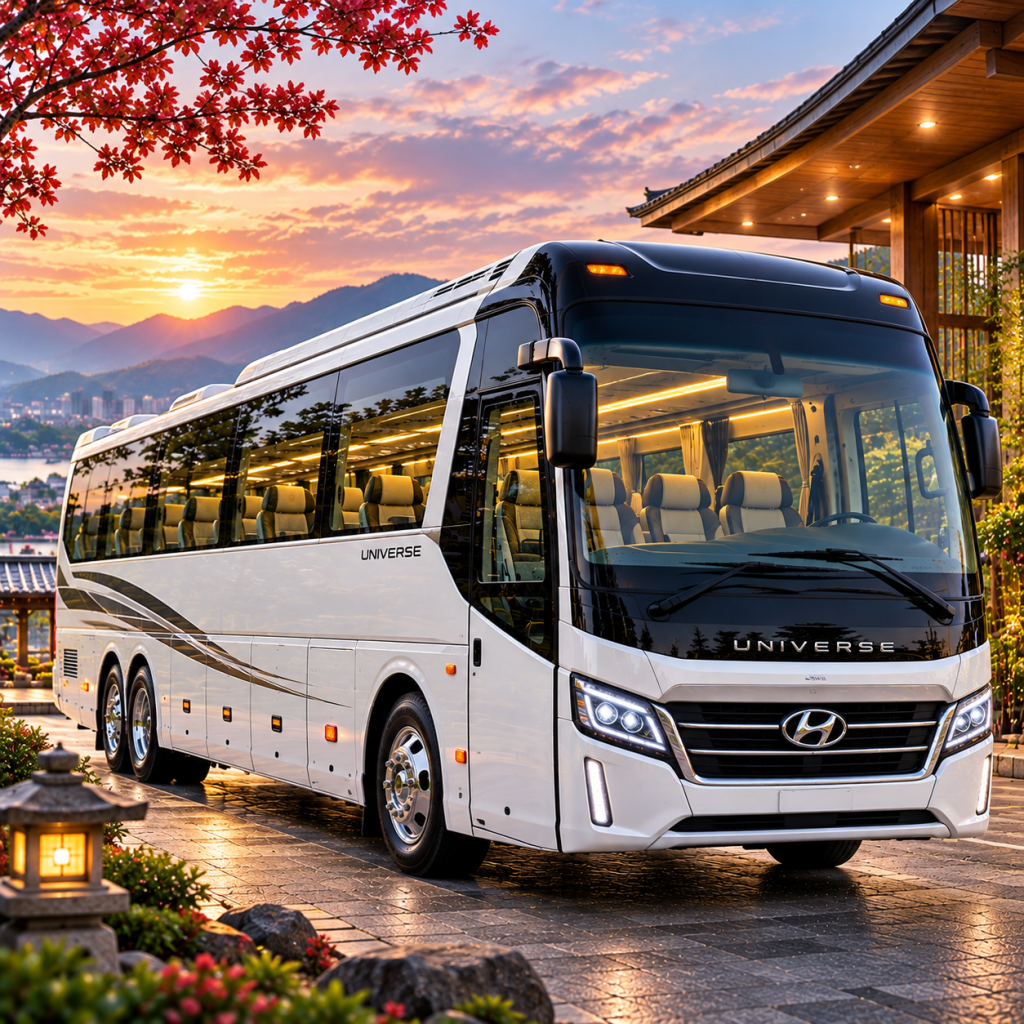 Xe Hyundai Universe giữa hoàng hôn Nhật Bản
