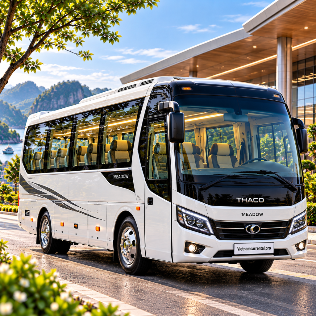 Xe buýt THACO Meadow trước nhà ga hiện đại
