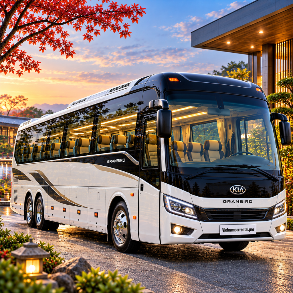 Xe khách Kia Granbird giữa khung cảnh hoàng hôn